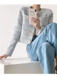 ITOOLIN Autumn Winter Women Elegant Tweed Cardigan Short Coat With Pocket Single Breasted Jacket For Women Loose Outwear 2024