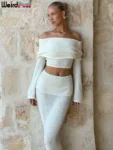 Weird Puss See Through 2 Piece Set Women Chic Hairball Lapel Slash Neck Crop Top+Maxi Skirts Matching Trend Streetwear Suits