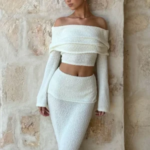 Weird Puss See Through 2 Piece Set Women Chic Hairball Lapel Slash Neck Crop Top+Maxi Skirts Matching Trend Streetwear Suits