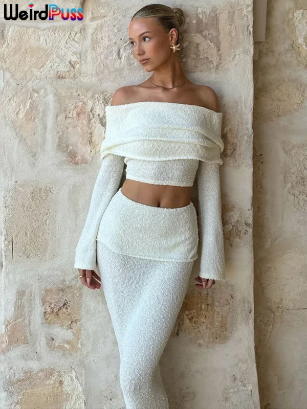 Weird Puss See Through 2 Piece Set Women Chic Hairball Lapel Slash Neck Crop Top+Maxi Skirts Matching Trend Streetwear Suits