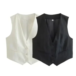 TRAFZA Fashion Women Vest Sleeveless Vests for Women Chic V-Neck Single-Breasted Ladies Elegant White Waistcoat Tops