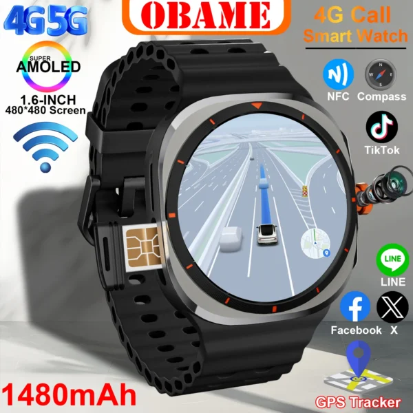 4G Call Smart Watch Men Women 1480mAh 480*480 AMOLED Screen SmartWatch Support SIM card WIFI NFC GPS Compass Sports Smartwatch