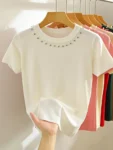 2025 Korea Knitted T-shirt Women Top Solid Tank Y2K Summer New Fashion Female Sleeveless Beading Casual Thin Tops