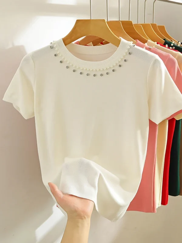 2025 Korea Knitted T-shirt Women Top Solid Tank Y2K Summer New Fashion Female Sleeveless Beading Casual Thin Tops