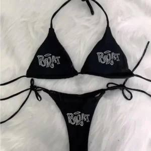 2000s Woman Punk New Beach Swimwear gothic clothes BRAT Rhinestone printing Grunge Swimsuit Bikini Y2K Bathing Suits Lace Up ﻿
