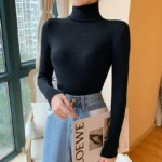 2025 Autumn Winter Women Long Sleeve Knitted Foldover Turtleneck Ribbed Pull Sweater Soft Warm Femme Jumper Pullover Clothes