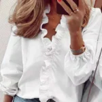 2024 Vintage Ruffles Women Blouses Autumn Long Sleeve Office Lady Elegant Tops Cotton Casual Tops V-neck Shirt Clothing