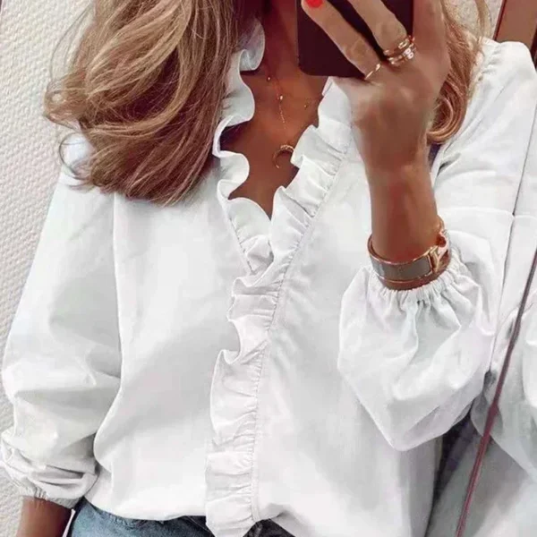 2024 Vintage Ruffles Women Blouses Autumn Long Sleeve Office Lady Elegant Tops Cotton Casual Tops V-neck Shirt Clothing