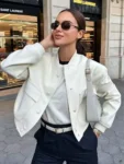 TRZA Women Fashion With Pockets Bomber Jacket Coats Vintage Long Sleeve Front Button Casual Female Outerwear Chic Tops