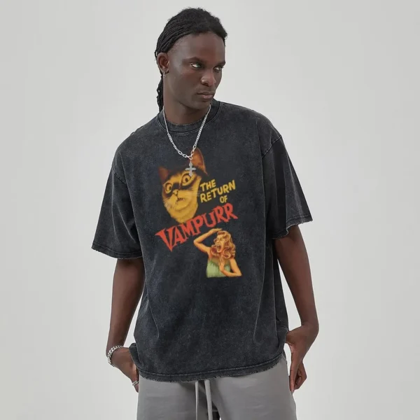 Anime Pussy Printed T Shirt Men Retro Washed 100% Cotton Tops Tees Harajuku Tshirt 2024 Streetwear Hip Hop Male T-shirts