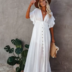 2024 Summer Long Bikini Cover Ups for Women Solid V-Neck Kimono Beach Dresses Lace Up Anti-Sun Swim Dress Bohemian Sarong Skirt