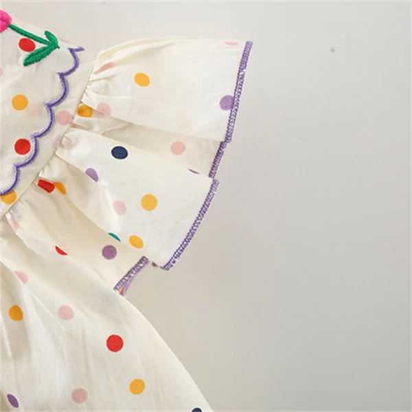 New Cute Girl'S Dress Sweet Rose Embroidered Small Round Dots Korean Version Loose Bubble Sleeve Cotton Beach Skirt
