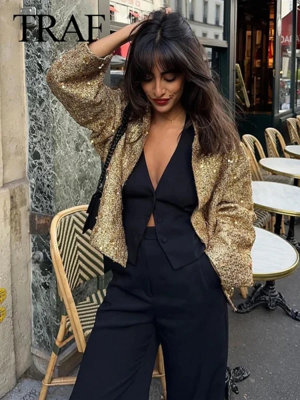TRAFZA Women Fashion Shiny Sequin Jacket Y2k Gold Color Stand Collar Long Sleeve Short Coat Autumn Winter Ladies High Streetwear