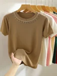 2025 Korea Knitted T-shirt Women Top Solid Tank Y2K Summer New Fashion Female Sleeveless Beading Casual Thin Tops