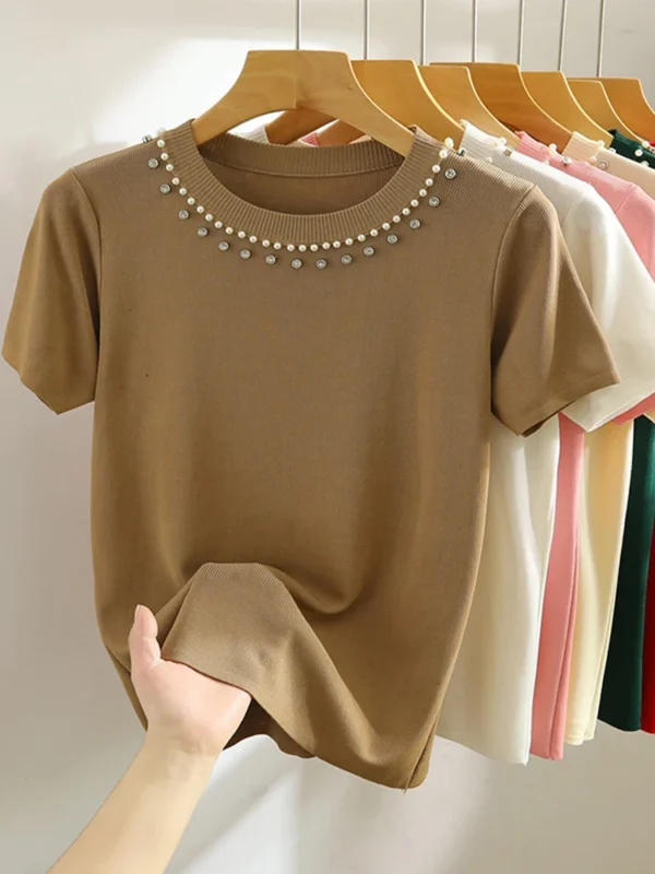 2025 Korea Knitted T-shirt Women Top Solid Tank Y2K Summer New Fashion Female Sleeveless Beading Casual Thin Tops