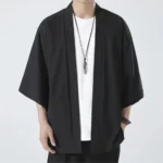 Hot Men's Lightweight Kimonos Traditional Japanese Clothing Male Open Front Cardigan Cloak Haori Yukata Jacket Coat Black