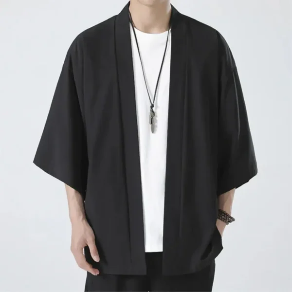 Hot Men's Lightweight Kimonos Traditional Japanese Clothing Male Open Front Cardigan Cloak Haori Yukata Jacket Coat Black