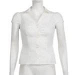 CIBBAR Vintage Folds Crop Top White Button Up Short Sleeve Blouse Women Bandage Korean Fashion T-shirt Casual Streetwear y2k Tee