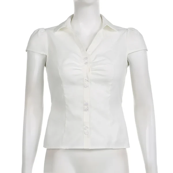 CIBBAR Vintage Folds Crop Top White Button Up Short Sleeve Blouse Women Bandage Korean Fashion T-shirt Casual Streetwear y2k Tee