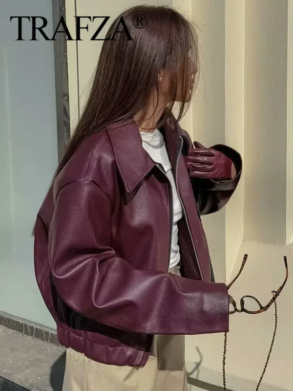 TRAFZA Wine Red Faux Leather Jakcet Fashion Outerwear Thicken Zipper Lapel Pu Coats Autumn Winter Streetwear Ladies Tops Women