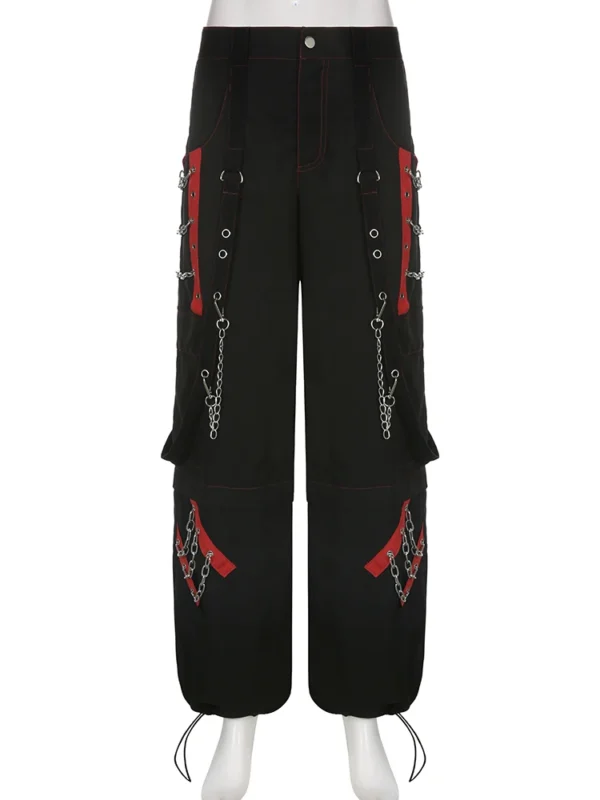 Rockmore Women Cargo Pants with Chain Fashion Harem Pants Punk Pockets Jogger Baggy Trousers Hip Hop Low Waist Streetwear Grunge