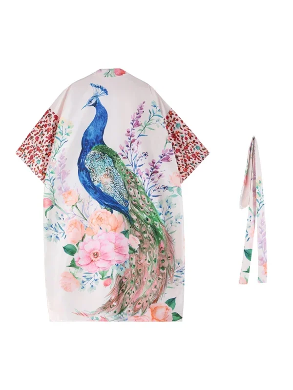 Women Casual Beach Kimono Cover-Up with Peacock Print Long Cardigan Style with Belt Animal Pattern Sun Protection Outerwear
