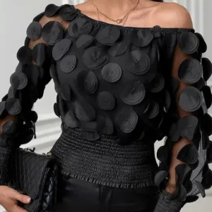 Applique Slant Shoulder Blouse, Elegant Long Sleeve Blouse For Spring & Fall Women's Clothing