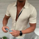 Men's Light Business Office Casual Zipper Short Sleeve Shirt Slim Fit Solid Color Lapel Cardigan Fashion Tops