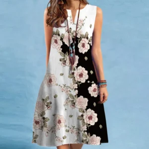 2024 European and American Cross Border Women's New Dress V-neck Sleeveless Sexy Printed Large Hem Foreign Trade Dress