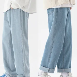 2023 New Korean Fashion Men's Casual Ankle-Length Jeans Classic Man Straight Denim Wide-leg Pants Light Blue Grey Black 3XL