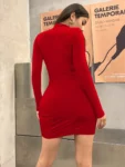 Long Sleeve Slim Bodycon Mini Dress Women Turtleneck Pleated Party Ruched Short Evening Club Outfit Soild Color