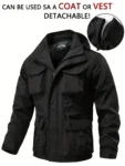 Detachable windproof sleeved hooded jacket suitable for outdoor activities men's casual waterproof multi pocket jacket vest