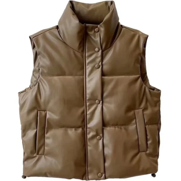 Autumn Winter PU Leather Coat Women Black Stand Collar Vests Women Fashion Zipper Elegant Short Vests Female Ladies