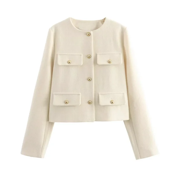 UNIZERA Winter New Product Women's Fashion and Casual Versatile Round Neck Flip Decoration Short Suit Coat