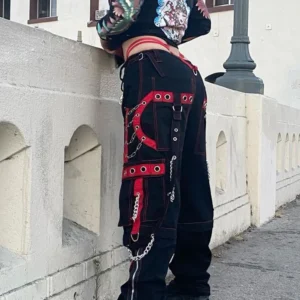 Rockmore Women Cargo Pants with Chain Fashion Harem Pants Punk Pockets Jogger Baggy Trousers Hip Hop Low Waist Streetwear Grunge