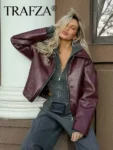 TRAFZA Wine Red Faux Leather Jakcet Fashion Outerwear Thicken Zipper Lapel Pu Coats Autumn Winter Streetwear Ladies Tops Women