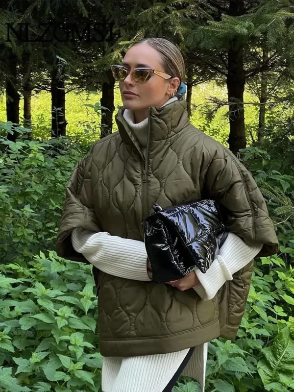 Nlzgmsj 2024 Autumn and Winter New Women Standing Neck Loose Medium Sleeve Diamond Quilted Waterproof Cloak Coat