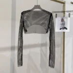2023 new sexy bright diamond short top Slim thin Ms. hot drill long-sleeved T-shirt sexy leak waist nightclub