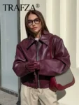 TRAFZA Wine Red Faux Leather Jakcet Fashion Outerwear Thicken Zipper Lapel Pu Coats Autumn Winter Streetwear Ladies Tops Women