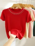 2025 Korea Knitted T-shirt Women Top Solid Tank Y2K Summer New Fashion Female Sleeveless Beading Casual Thin Tops