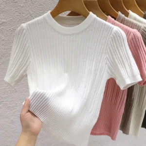 2025 Summer T shirts for Women Casual Female Korean Knit Streetwear Tees Basic Solid Young Cool Tops