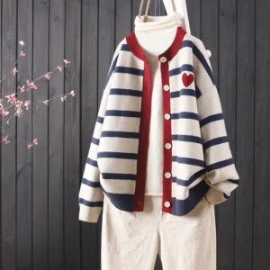 Autumn And Winter New Stripes Color Matching Button Round Neck Knitted Cardigan Women Long-sleeved Sweater All-match