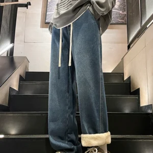 Winter Men's Jeans Korean Fashion Fleece Liner Thick Warm Straight Denim Pants Washed Cotton Retro Blue Wide Leg Jean Trousers