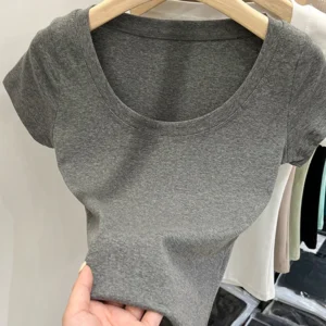2025 Sexy Square Collar Slim T Shirt Women Cotton Elastic Basic Solid Female Casual Tops Short Sleeve Thin T-shirts See Through