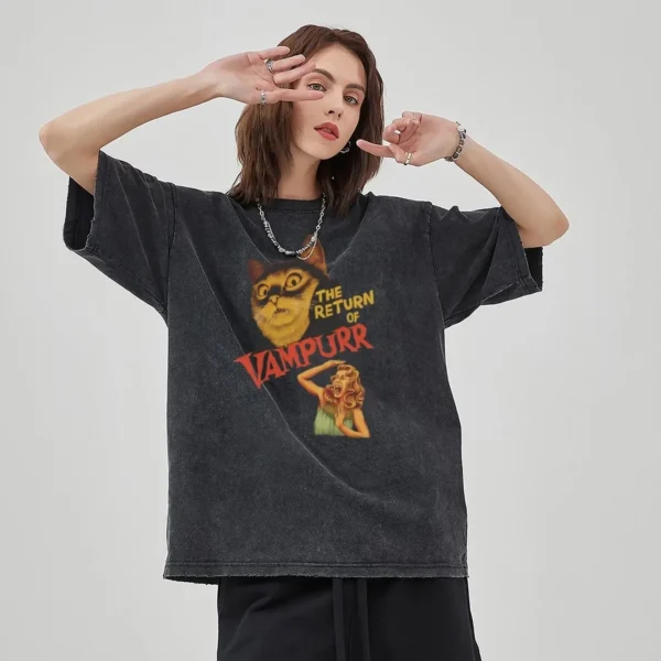 Anime Pussy Printed T Shirt Men Retro Washed 100% Cotton Tops Tees Harajuku Tshirt 2024 Streetwear Hip Hop Male T-shirts