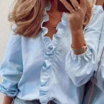 2024 Vintage Ruffles Women Blouses Autumn Long Sleeve Office Lady Elegant Tops Cotton Casual Tops V-neck Shirt Clothing