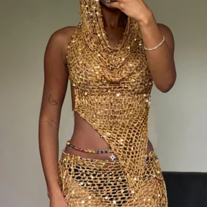 Weird Puss Sequins Women 2piece Set Sexy See Through Irregular Backless Hooded Tank Tops+Peach Hip Skirts Midnight Clubwear Suit