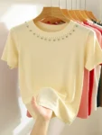2025 Korea Knitted T-shirt Women Top Solid Tank Y2K Summer New Fashion Female Sleeveless Beading Casual Thin Tops