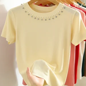 2025 Korea Knitted T-shirt Women Top Solid Tank Y2K Summer New Fashion Female Sleeveless Beading Casual Thin Tops