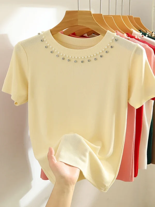 2025 Korea Knitted T-shirt Women Top Solid Tank Y2K Summer New Fashion Female Sleeveless Beading Casual Thin Tops